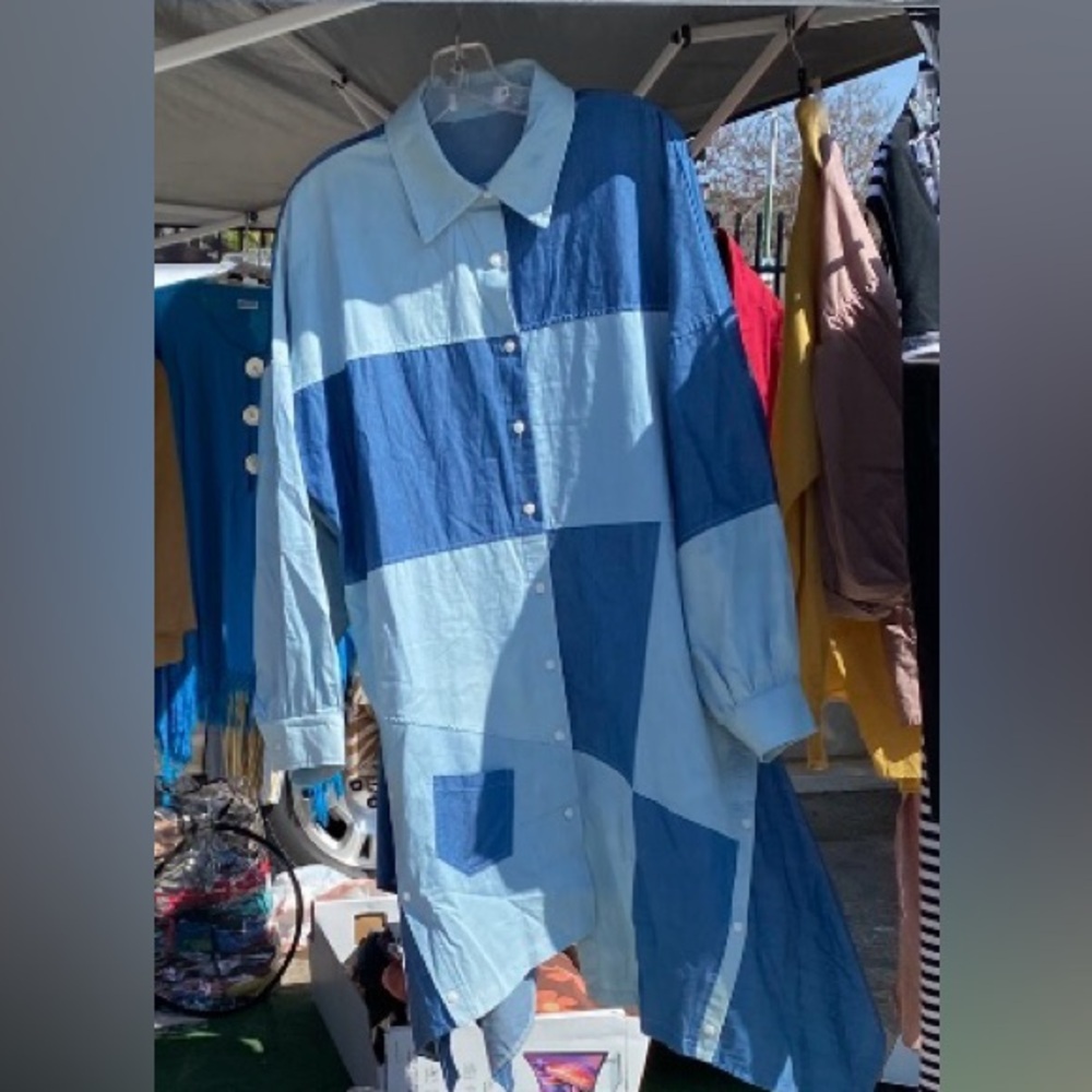 Blue Patchwork Button-Up Shirt Dress